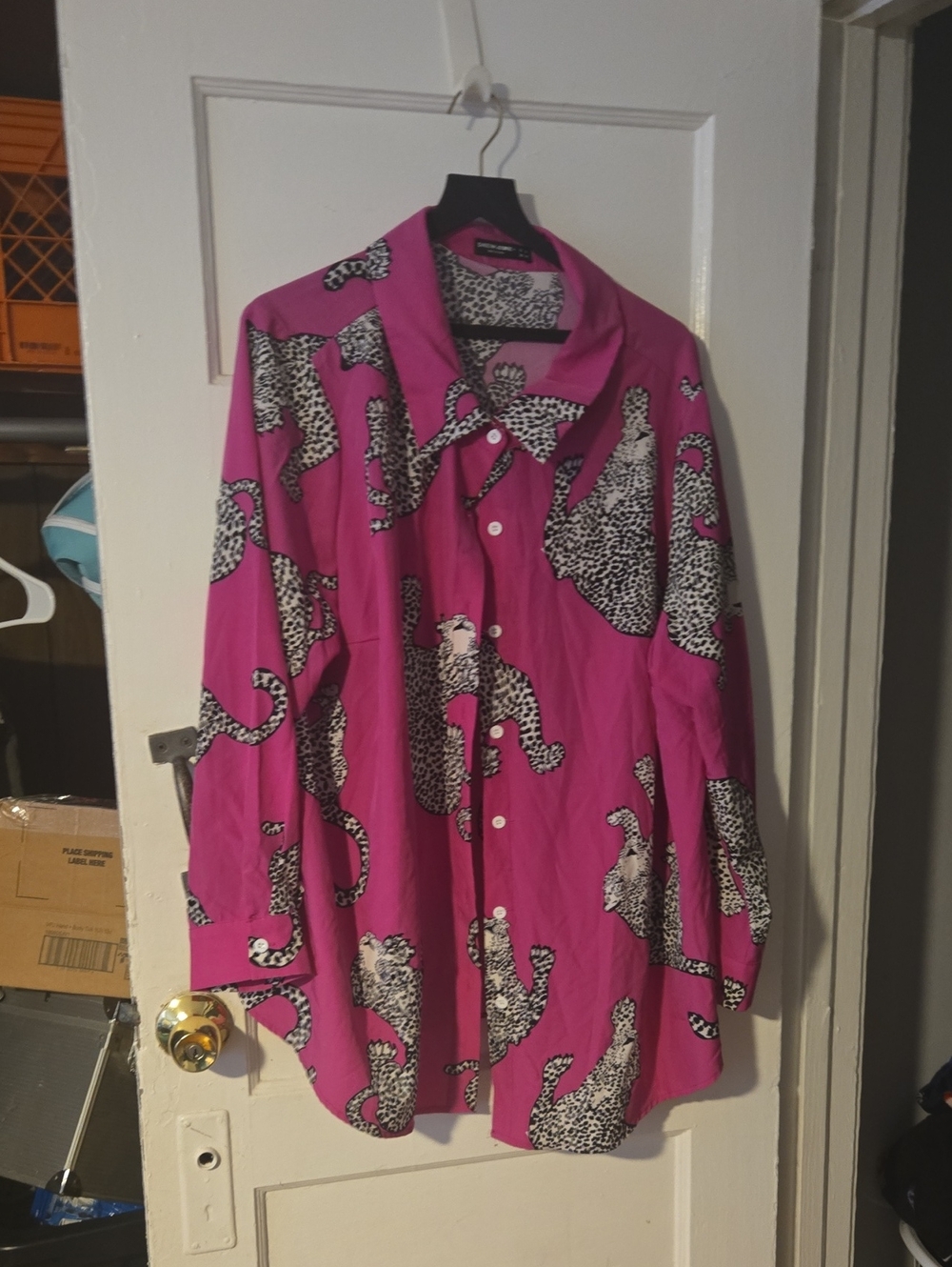 SHEIN Hot Pink Leopard-Print Button-Up Blouse